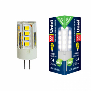 Лампа светодиодная Uniel LED-JC-220/3W/4000K/G4/CL, прозрачная, 4000К